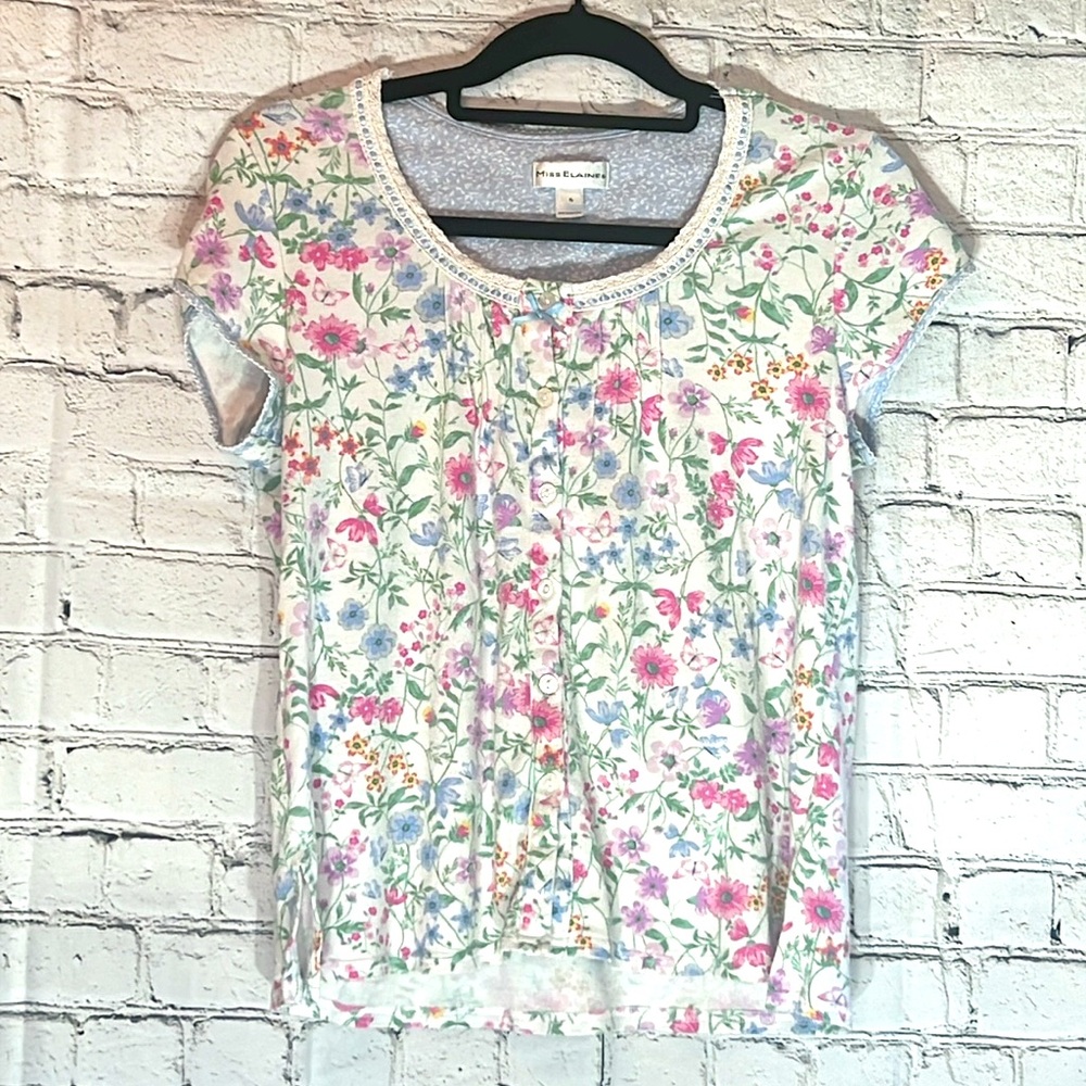 🌞 Miss Elaine floral summer top cup sleeve scoop neck pullover button-up women S